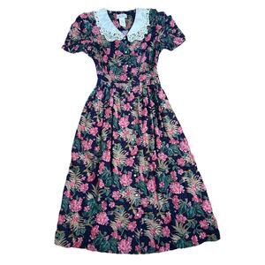 Miss Dorby Women’s 14 Dress Blue Floral Pearl Button Maxi Modest Lace Collar VTG